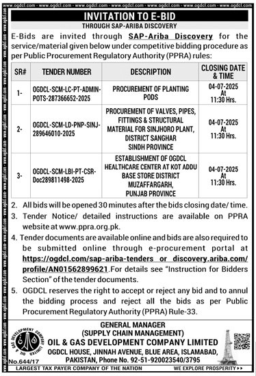 Oil & Gas Development Company Limited Islamabad Tender Notice